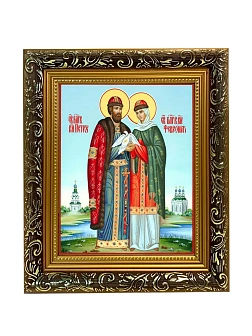 Икона Петр и Феврония Муромские чудотворцы, узкая рамка 17,5х20,5х2 см 118
