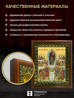 Икона Божией Матери Всех Скорбящих Радость, деревянная рамка с басмой и стеклом 18х21х2,5 см 153