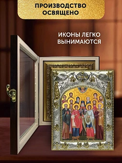 Икона Собор Святых Целителей в ризе и киоте под дерево, 27х23 см Икона Собор Святых Целителей в ризе и киоте под дерево, 27х23 см