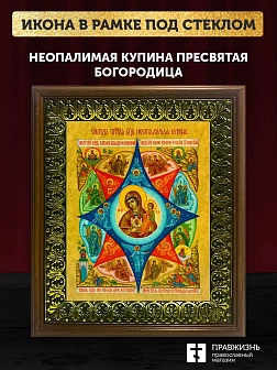 Икона Божией Матери Неопалимая Купина, деревянная рамка с басмой и стеклом 18х21х2,5 см 181