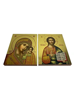 Венчальные иконы Спаситель и Казанская с золочением УЛ 9х10,5 в бархатном складне