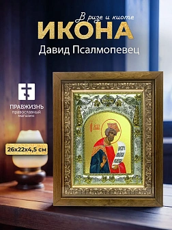 Икона Давид Псалмопевец в ризе и деревянном киоте, 26х22 см Икона Давид Псалмопевец в ризе и деревянном киоте, 26х22 см