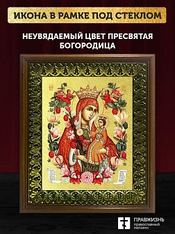 Икона Божией Матери Неувядаемый Цвет с золочением, деревянная рамка с басмой и стеклом 18х21х2,5 см