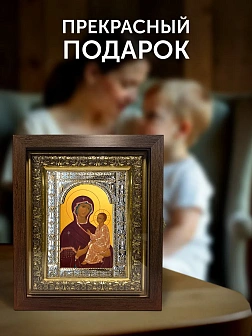 Икона Тихвинская Божия Матерь в ризе и киоте под дерево, 33х27 см