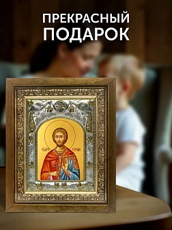 Икона Евгений Севастийский в ризе и деревянном киоте, 26х22 см
