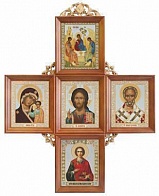 Икона-Крест Троица, Спаситель, Казанская, Николай Чудотворец, Пантелеимон Целитель (ДЕРЕВЯННАЯ РАМКА)