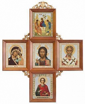 Икона-Крест Троица, Спаситель, Казанская, Николай Чудотворец, Пантелеимон Целитель (ДЕРЕВЯННАЯ РАМКА)