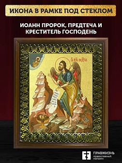 Икона Иоанн пророк Предтеча и Креститель Господень с золочением, деревянная рамка с басмой и стеклом