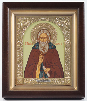 Икона в киоте 15х19 сложный, темпера, венчик, рамка фигурная, золочёная Сергий Радонежский
