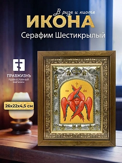 Икона Серафим Шестикрылый в ризе и деревянном киоте, 26х22 см