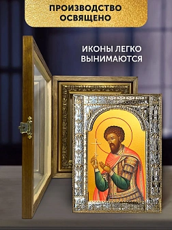 Икона Феодор Стратилат в ризе и деревянном киоте, 33х27 см