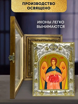 Икона Архангел Рафаил в ризе и деревянном киоте, 26х22 см Икона Архангел Рафаил в ризе и деревянном киоте, 26х22 см