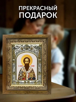 Икона Василий Великий в ризе и деревянном киоте, 26х22 см
