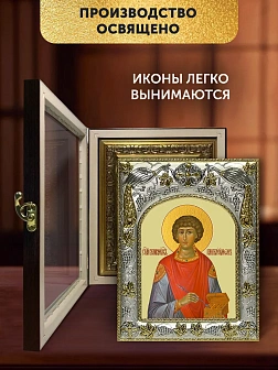 Икона Пантелеймон Целитель в ризе и киоте под дерево, 27х23 см
