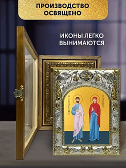 Икона Иоаким и Анна Богоотцы в ризе и деревянном киоте, 26х22 см