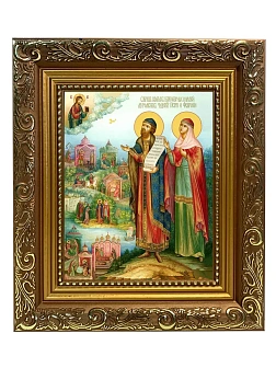 Икона Петр и Феврония Муромские чудотворцы, широкая рамка 19,5х22,5х2 см 118