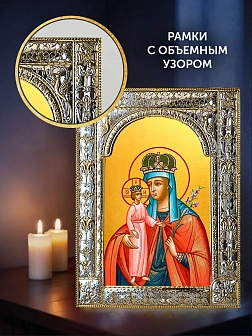 Икона Неувядаемый Цвет Божия Матерь в ризе и деревянном киоте, 33х27 см