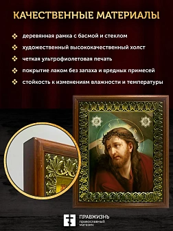 Икона Господь Иисус Христос в терновом венце, деревянная рамка с басмой и стеклом 18х21х2,5 см
