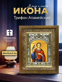 Икона Трифон Апамейский в ризе и деревянном киоте, 26х22 см