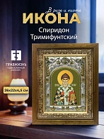 Икона Спиридон Тримифунтский в ризе и деревянном киоте, 26х22 см