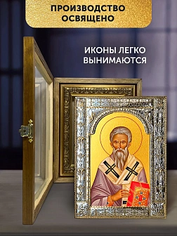 Икона Геннадий Новгородский в ризе и деревянном киоте, 33х27 см