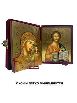 Венчальные иконы Спаситель и Казанская с золочением УЛ 13х16 в бархатном складне