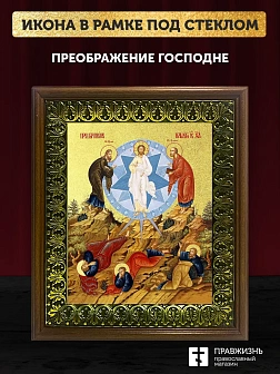 Икона Преображение Господне с золочением, деревянная рамка с басмой и стеклом 18х21х2,5 см 1230