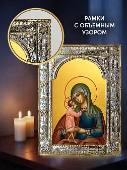 Икона Взыскание погибших Божия Матерь в ризе и деревянном киоте, 33х27 см