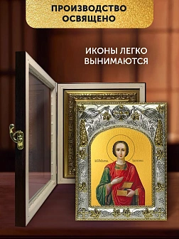 Икона Пантелеймон Целитель в ризе и киоте под дерево, 27х23 см