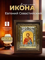 Икона Евгений Севастийский в ризе и киоте под дерево, 27х23 см