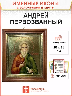 Икона Андрей Первозванный апостол с золочением в киоте 18х21х4 см
