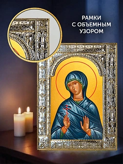 Икона Евгения Римская в ризе и деревянном киоте, 33х27 см