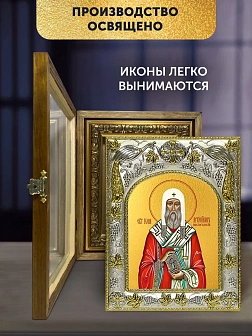 Икона Иона Новгородский в ризе и деревянном киоте, 26х22 см