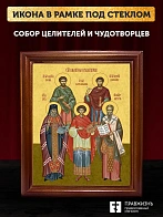 Икона собор Святых целителей и чудотворцев, деревянная рамка со стеклом 15х18х2 см 1133 Икона собор Святых целителей и чудотворцев, деревянная рамка со стеклом 15х18х2 см 1133