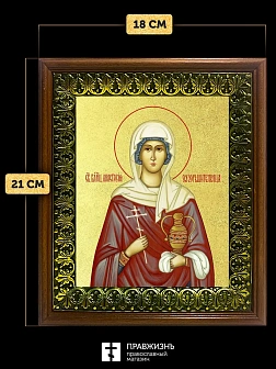 Икона Анастасия Узорешительница великомученица с золочением, деревянная рамка с басмой и стеклом 18х Икона Анастасия Узорешительница великомученица с золочением, деревянная рамка с басмой и стеклом 18х