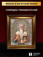 Икона Спиридон Тримифунтский, бронзовая багетная рамка узкая с узором 15х18 см