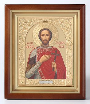 Икона в киоте 15х19 сложный, темпера, венчик, рамка фигурная, золочёная Александр Невский 1