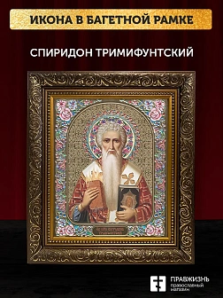 Икона Спиридон Тримифунтский, бронзовая багетная рамка узкая с узором 15х18 см