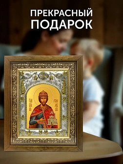 Икона Роман Рязанский в ризе и деревянном киоте, 26х22 см