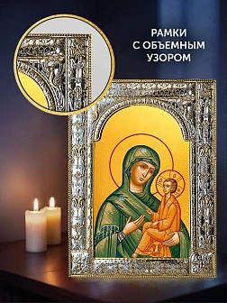 Икона Тихвинская Божия Матерь в ризе и деревянном киоте, 33х27 см