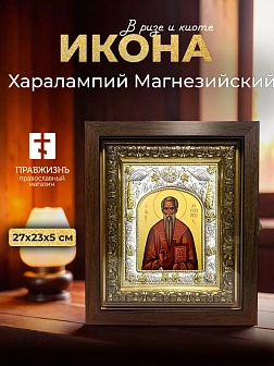 Икона Харалампий Магнезийский в ризе и киоте под дерево, 27х23 см