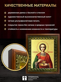 Икона Пантелеимон Целитель великомученик с золочением, деревянная рамка с басмой и стеклом 18х21х2,5
