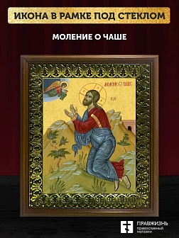 Икона Господа Иисуса Христа Моление о чаше, деревянная рамка с басмой и стеклом 18х21х2,5 см 1186