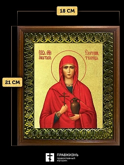 Икона Анастасия Узорешительница великомученица с золочением, деревянная рамка с басмой и стеклом 18х Икона Анастасия Узорешительница великомученица с золочением, деревянная рамка с басмой и стеклом 18х