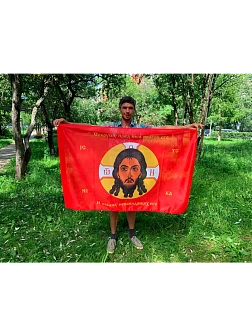 Флаг 057 Спас Нерукотворный Поражу ненавидящих его, красный фон, 90х135 см, материал сетка для улицы