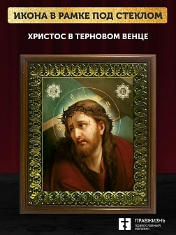 Икона Господь Иисус Христос в терновом венце, деревянная рамка с басмой и стеклом 18х21х2,5 см