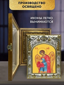 Икона Архангел Рафаил в ризе и деревянном киоте, 26х22 см Икона Архангел Рафаил в ризе и деревянном киоте, 26х22 см