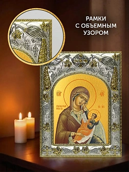Икона Утоли моя печали Божия Матерь в ризе и киоте под дерево, 27х23 см Икона Утоли моя печали Божия Матерь в ризе и киоте под дерево, 27х23 см