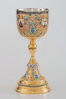 Потир 3.0л 4-финифти, филигрань, эмаль, роспись / поддон конус 2, 0л потира / золочение / мельхиоровый стакан