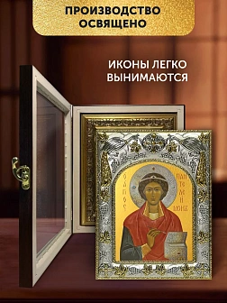 Икона Пантелеймон Целитель в ризе и киоте под дерево, 27х23 см